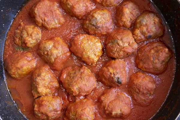 Pan Fried Beef Meatballs Tomato Sauce — Stock Photo, Image