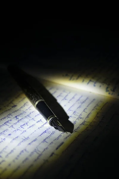 Ένα Παλιό Στυλό Στηρίζεται Ένα Χειρόγραφο — Φωτογραφία Αρχείου