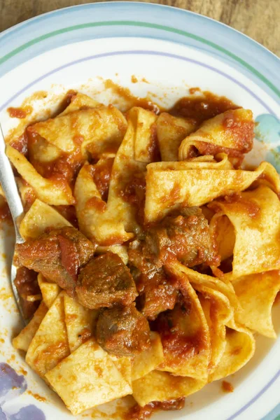 Handmade Egg Pappardelle Red Wild Boar Ragout — Stock Photo, Image