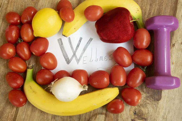 Concept Van Wellness Thuis Met Groente Fruit Sport — Stockfoto