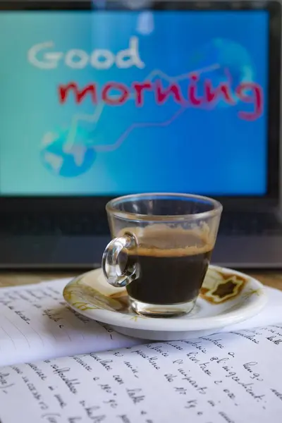Konzept Des Aufwachens Und Guten Morgen Mit Einer Tasse Kaffee Stockbild