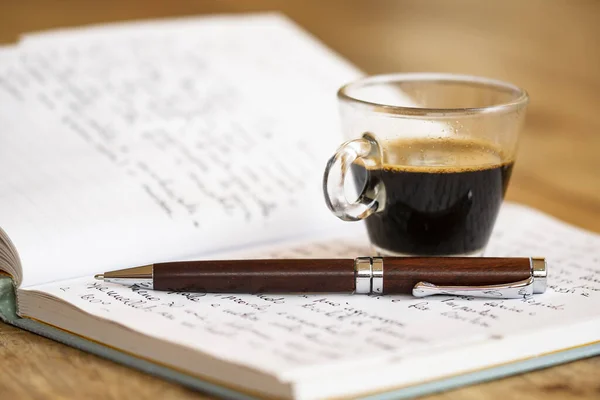 Escrever Seus Próprios Pensamentos Pessoais Sobre Café Conceito — Fotografia de Stock