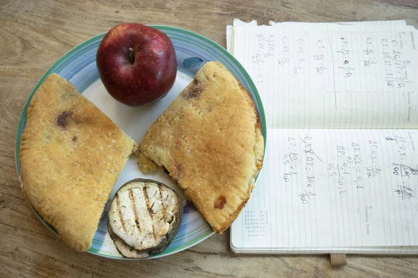 Focaccia Apple Roasted Eggplants Next Notebook Mathematical Calculations — Stock Photo, Image