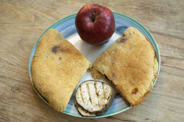Two Wedges Stuffed Focaccia Placed Facing Each Other Apple Rosted — Stock Photo, Image