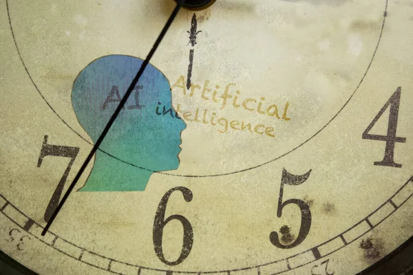 Kunstmatige Intelligentie Afgebeeld Met Een Oude Klok Een Menselijk Brein — Stockfoto