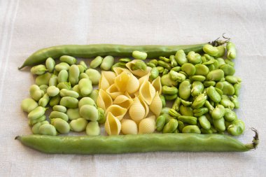 Taze fasulye, kabuklu ve kabuklu, dokulu bir masa örtüsü üzerinde konchiglie makarna kabukları ile düzenlenmiş, renkli ve iştah açıcı bir ekran oluşturur