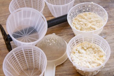 Tahta masadaki plastik sepetlerde süzen taze ricotta peyniri, elek ve küf şeklinde.