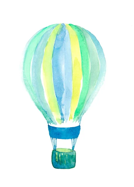 Watercolor hand painted blue green hot air balloon on white background. Kids cartoon airballoon flying in sky illustration