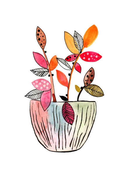 Fantasie Blumentopf Handgezeichnete Aquarell Illustration — Stockfoto
