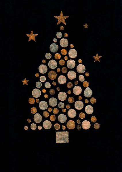 Arbre Noël Ornements Étoiles Sur Fond Noir Symbole Bonne Année — Photo