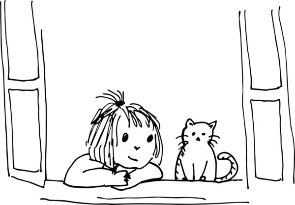 Dziewczynka Kot Siedzą Przy Otwartym Oknie — Zdjęcie stockowe