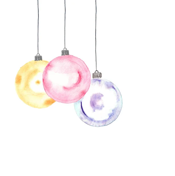 Bolas Natal Aquarela Cores Amarelas Rosa Azul Fundo Branco Decoração — Fotografia de Stock