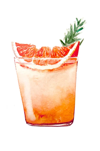 Grapefruit Coctail Mit Rosmarinzweig Auf Weißem Hintergrund Mocktail Paloma Aquarell — Stockfoto
