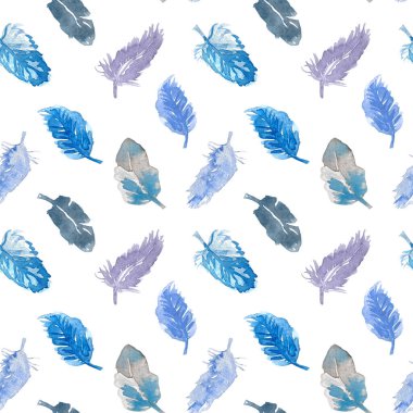 Blue feathers watercolor seamless pattern.