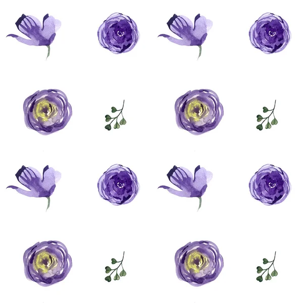 Seamless pattern with delicate purple flowers and green leaves
