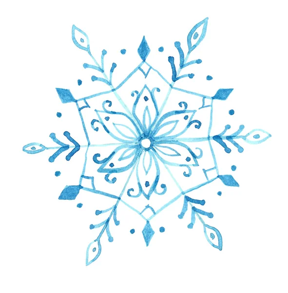 蓝色雪花隔离的水彩画 — 图库照片