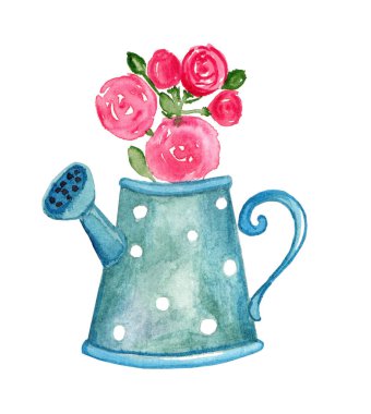 Gül çiçekleriyle sulama tenekesi. Tebrik kartı için suluboya çizilmiş romantik buket el..