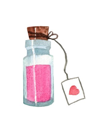 Üzerinde pembe sıvı, suluboya el çizimleri olan cam bir kap..