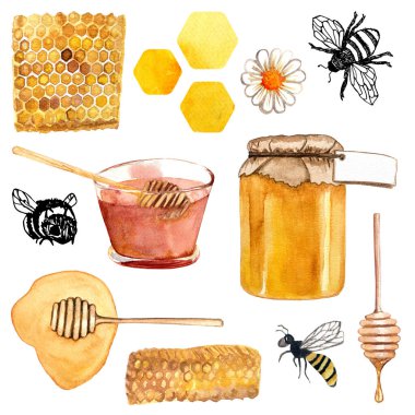 Collection of elements on the theme of honey. Bees, honeycombs, jars of honey, honey sticks. Watercolor hand drawn illustration.