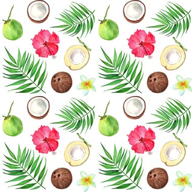 Hindistan cevizi, su ürünleri ve palmiye yapraklarıyla suluboya, dikişsiz desen. El çizimi illüstrasyon