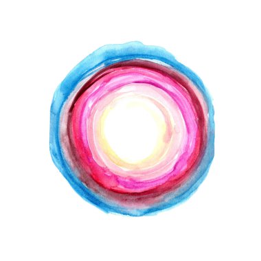 Elle boyanmış bir suluboya daire, zengin mavi, pembe ve kırmızı katmanlı, sıcaklık ve enerji saçan. Modern ve yaratıcı tasarımlar için mükemmel..