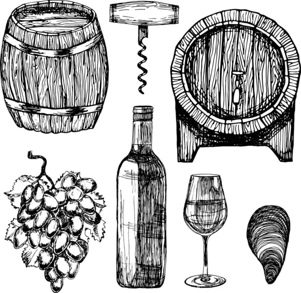 Şarap elementlerinin klasik el çizimi taslağı: fıçı, şişe, tirbuşon, cam, üzüm, midye, beyaz arka planda siyah ve beyaz