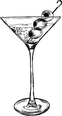 Üç zeytinli klasik bir martini bardağının el yapımı sanatı. Zarif siyah beyaz çizim menüler, baskılar ya da tasarım işleri için mükemmel..