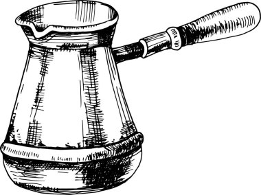 Ahşap saplı klasik bir cezve (Türk kahve demliği) resmi, ayrıntılı siyah mürekkep kabartma tarzıyla çizilmiş