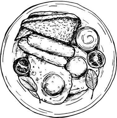 Yumurta, sosis, tost, sebze ve salata yapraklarıyla dolu bir kahvaltı tabağının el çizimi..