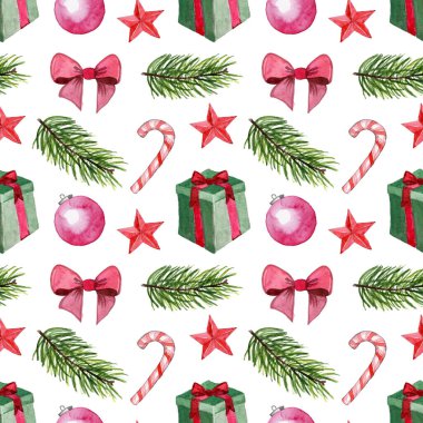 Beyaz arka planda hediyeler, yaylar, çam dalları, şeker kamışları ve şenlikli kırmızı ve yeşil yıldızlar içeren suluboya Noel desenleri.