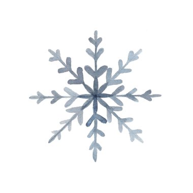 Beyaz arka planda mavi tonlarda el boyası suluboya kar taneleri, kışın, soğuk havanın ve bayram mevsiminin sembolü..