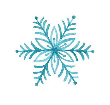 Beyaz arka planda mavi tonlarda el boyası suluboya kar taneleri, kışın, soğuk havanın ve bayram mevsiminin sembolü..