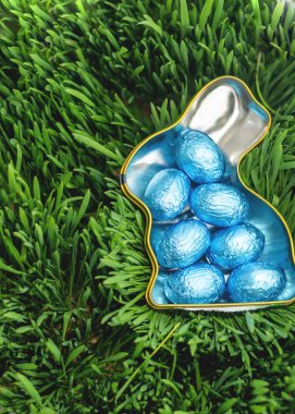 Yeşil çimlerin üzerinde mavi Paskalya yumurtalarıyla dolu tavşan şeklinde bir kap.
