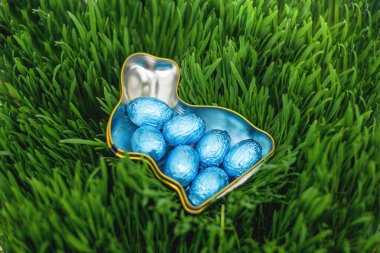 Yeşil çimlerin üzerinde mavi Paskalya yumurtalarıyla dolu tavşan şeklinde bir kap.