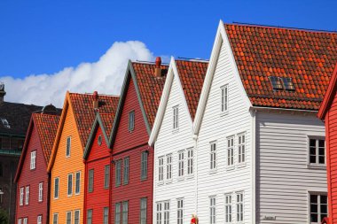 Norveç 'teki Bergen şehri. Bryggen Bölgesi, UNESCO Dünya Mirası Bölgesi.