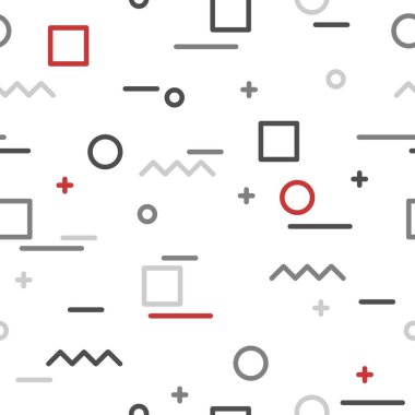 1980 'lerin soyut modası, kusursuz vektör kalıbı. Moda kumaşı, duvar kağıtları ve poster arkaplanı için 80 'lerin Memphis tarzı retro dokusu. Gri, kırmızı ve beyaz.