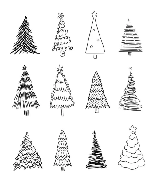 Handgezeichnetes Weihnachtsbaum Doodle Illustrationsset Irre Schräge Und Exzentrische Weihnachtsbaum Zeichensammlung — Stockvektor