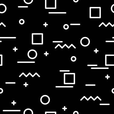 Memphis tarzı. 1990 'ların Memphis' i kusursuz vektör geçmişi. 90 'ların modası geçmiş moda süslemeleri. Siyah arkaplanda beyaz.