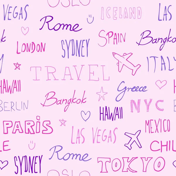 旅行背景 城市名称和旅游目的地 文字涂鸦无缝粉红图案 — 图库矢量图片