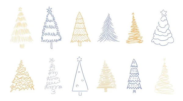 Conjunto Ilustrações Rabiscos Árvore Natal Árvores Natal Desenhadas Manualmente Funky —  Vetores de Stock