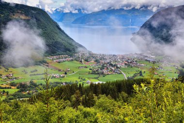 Norveç 'teki Sognefjord manzarası. Vik belediyesinde Vikoyri Limanı.