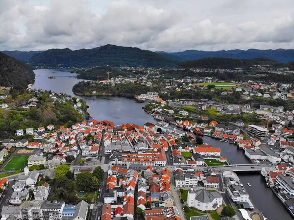 Vista Drone Noruega Flekkefjord Cidade Portuária Condado Vest Agder Baía — Fotografia de Stock