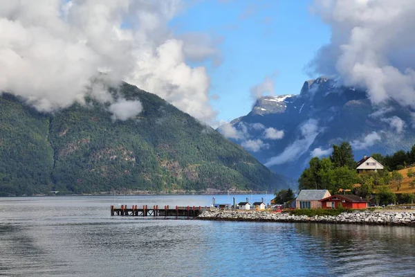 Norway Fiord Landscape Sognefjord Low Clouds Hella — Stock Photo, Image