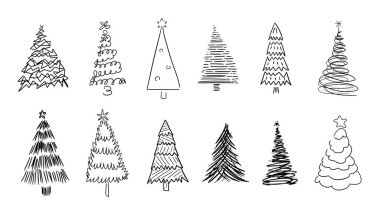 Hand drawn Christmas tree doodle illustration set. Weird, bizarre and original Christmas tree drawing collection.