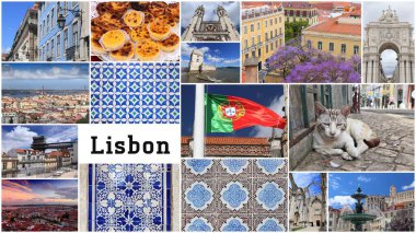 Lizbon, Portekiz 'in simgeleri. Lizbon şehrinden fotoğraf kolajı kartpostalı.