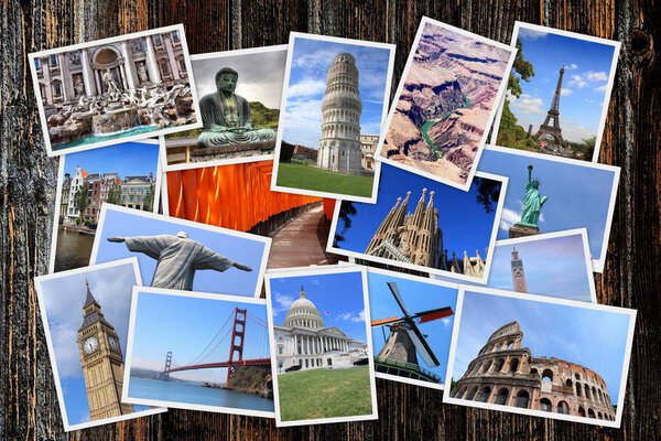Travel destinations collage. World travel photos. Travel around the world photo pile.