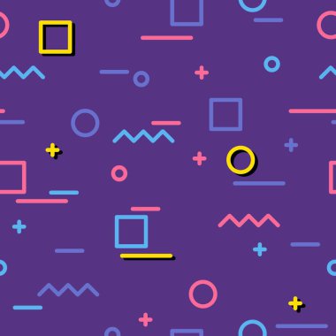 Memphis style pattern. 1990s memphis seamless vector background. 90s retro fashion ornament print. Colorful violet, blue and pink.