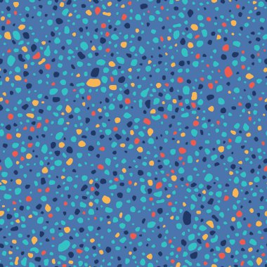 Spots background. Irregular spots and dots seamless vector pattern. Fashion texture design. Blue, orange and red.