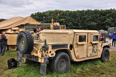 OSTRAVA, CZECHIA - SEPTEMBER 17, 2022: NATO military equipment - High Mobility Multipurpose Wheeled Vehicle (HMMWV or Humvee) of US Army presented on NATO Days air show in Czech Republic.