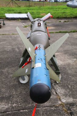OSTRAVA, CZECHIA - SEPTEMBER 17, 2022: Laser guided bomb equipped with Joint Direct Attack Munition kit. GBU-24 Paveway of German Air Force presented on NATO Days air show in Czech Republic. clipart